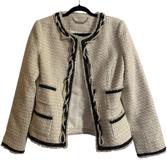 White House Black Market Tweed Blazer with Faux Pearl Trim Size 8 - Picture 1 of 8